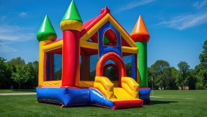 A colorful yet simple castle bounce house. The inflated bounce house featuring vibrant colors is located at the park on a lovely sunny day.
