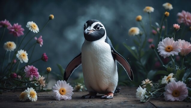 Beautiful penguin drawing surrounded by cute flowers in the backdrop.