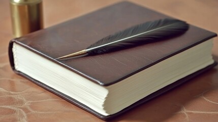 Naklejka premium Dark Leather-bound Book with Quill, Journal, Writing