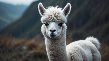 sweet little white llama baby with fluffy fur and a charming face featuring funny ears