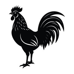 Rooster Standing Tall with Raised Tail Feathers Silhouette