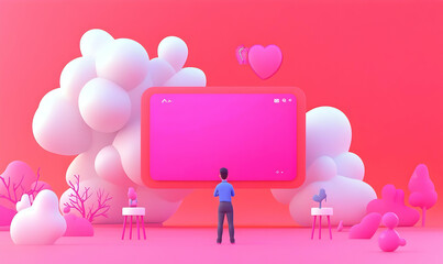 Vibrant Digital Landscape with Colorful Clouds and Interactive Screen