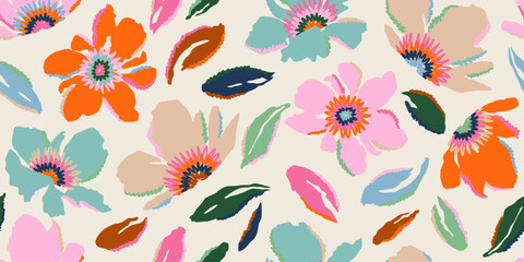 Exotic hand drawn flowers, seamless patterns with floral for fabric, textiles, clothing, wrapping paper, cover, banner, home decor, abstract backgrounds.