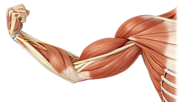 Anatomical illustration of upper arm muscles showing detailed muscle structure and tendons. image highlights biceps, triceps, and surrounding muscles, providing clear view of muscular anatomy