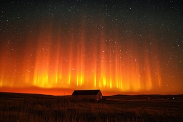 Ethereal aurora borealis illuminates a rustic barn under a starry night sky in a serene landscape capturing the magic of nature