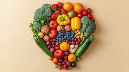 Colorful arrangement of fresh fruits, vegetables, and nuts in heart shape on beige background.