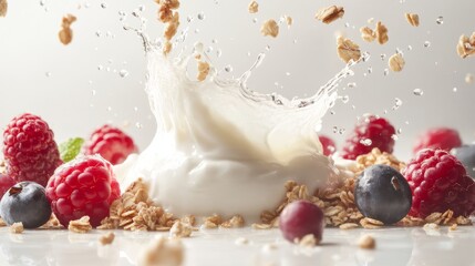 Fototapeta premium Berries and Yogurt Splash with Granola Breakfast