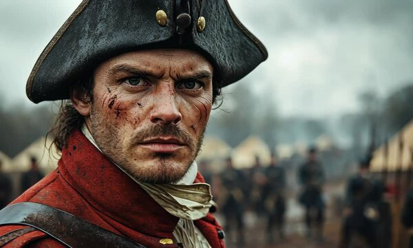 Historical reenactment of a soldier in a red coat, amidst a military camp with tents in the background