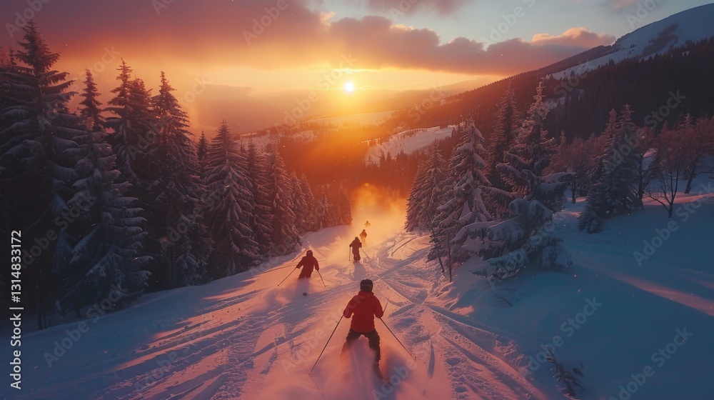 Poster four skiers carve through untouched snow as the sun sets behind the mountains, creating a breathtaki