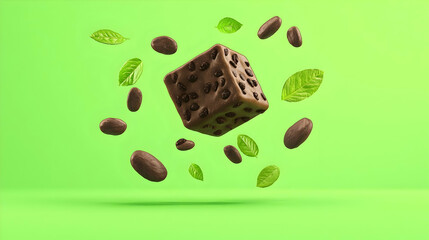 Fototapeta premium Chocolate Cube with Coffee Beans and Green Leaves on Bright Background
