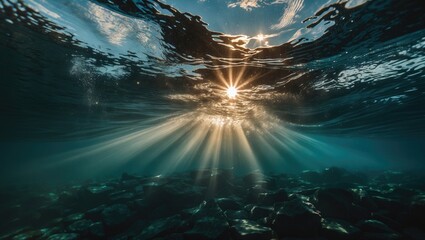 Obraz premium Sun rays penetrating the surface of the water. Underwater photograph captured while scuba diving.