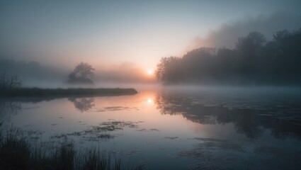 Fototapeta premium Morning mist creates reflections of the sunrise on the water.