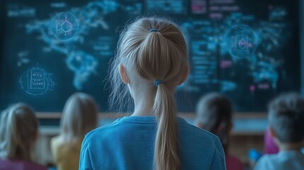Young Girl Observing Futuristic Educational Technology Display