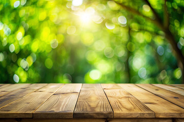 Wooden Table Against Lush Green Backdrop: A detailed close-up of a textured wooden table with the light from sun shining through green leaves in the background, creating a stunning backdrop.