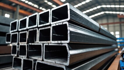 products of the plant for manufacturing metal structures. Welded I-beam. Production of steel beams. Metal profile beam Steel stacked in the warehouse of metal products.
