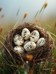 Obraz premium Captivating close up of speckled bird eggs nestled securely in a woven nest amidst natural meadow grasses evoking springtime tranquility