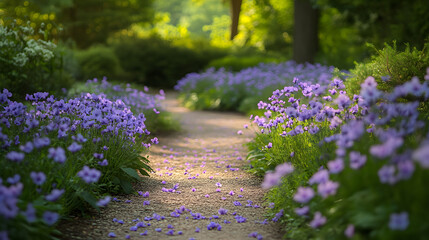 Obraz premium A tranquil garden path bordered by blooming violets, their soft purple petals gently swaying in the breeze.