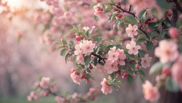 Spring flowers background in a peach fuzz hue. Blooming apple tree. Soft focus, blossom freshness.