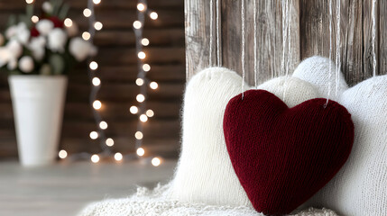 Red heart among other white knitted hearts with lights background