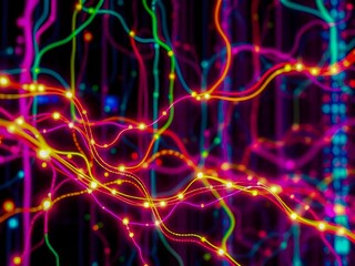 Digital Brain Network: A complex, glowing network of interconnected lines and nodes pulsates with vibrant colors, symbolizing data flow and connectivity.