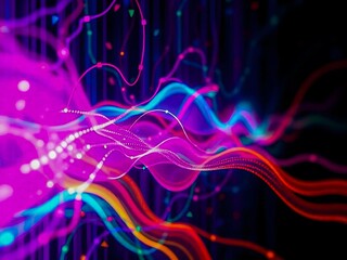 Dynamic Data: An abstract, neon-infused visualization depicts the flow of data through a digital landscape, evoking the fast pace and complexity of modern information networks.
