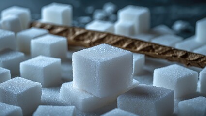 Close-up of sugar cubes. A cane sugar cube rests on the white sugar cubes. Macro photography with a soft focus effect.