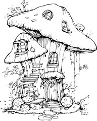magic mushroom house mushroom, coloring page,  nature, illustration, fungus, vector, cartoon, grass, food, autumn, plant, toadstool, forest, leaf, design, fungi, agaric, vegetable, red, art, green, su