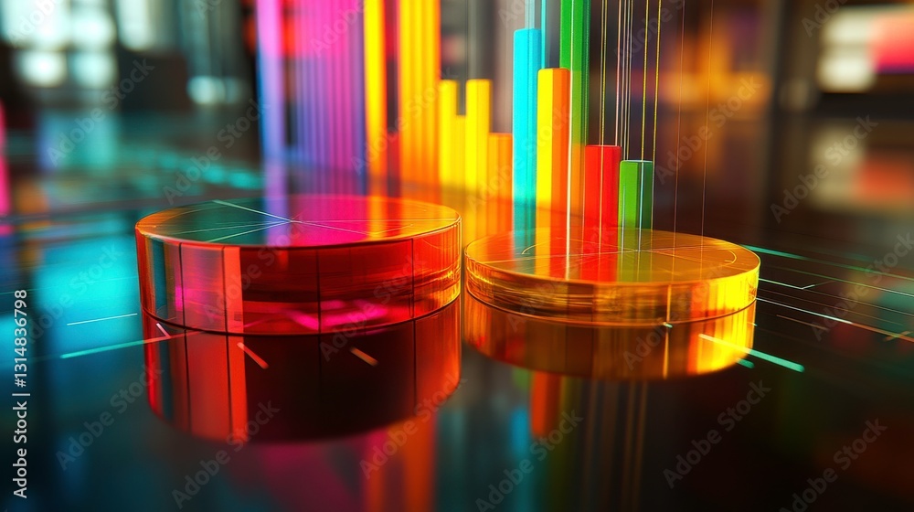 Poster a vibrant, abstract representation of data visualization featuring colorful bars and circular elemen