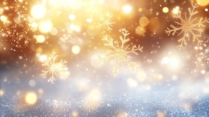 Golden Snowflakes Falling with Glittering Lights Winter Holiday Background