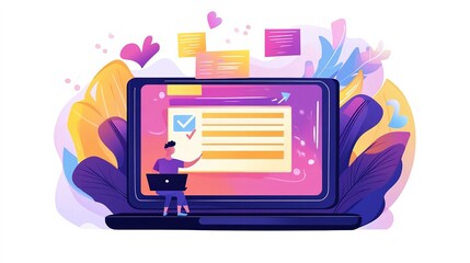 Online assessment and survey concept. A person interacts with virtual checklist on laptop, symbolizing online assessments, surveys, exams, or quizzes. digital evaluation and data collection. fill out