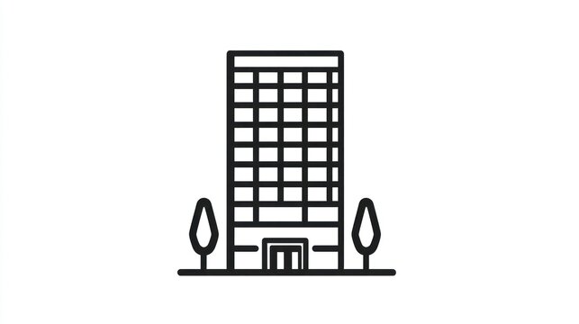 Simple line art illustration of a multi-story office building with two small trees.