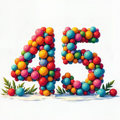 Greeting card for 45 years. Festive balloon numbers 45 in vibrant colors with small hearts and leaves, celebrating a birthday.