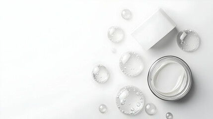 White Moisturizing Cream or Gel Surrounded By Transparent Gel Drops On A White Background With Copy Space