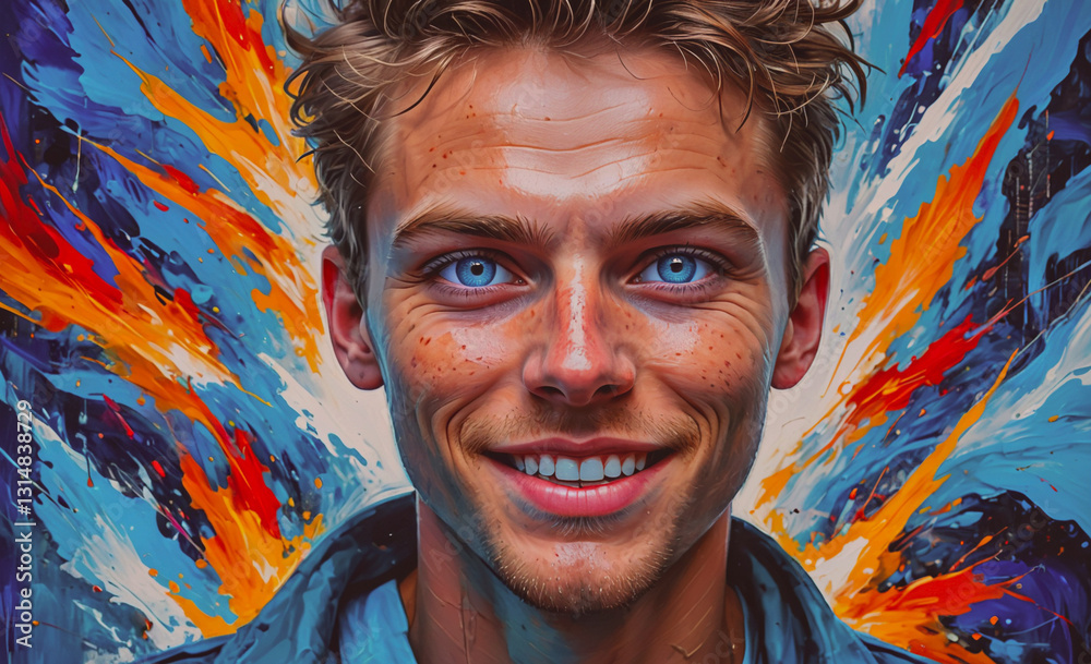 Poster man with blue eyes and a smile is the main focus of the image. the background is filled with bright 