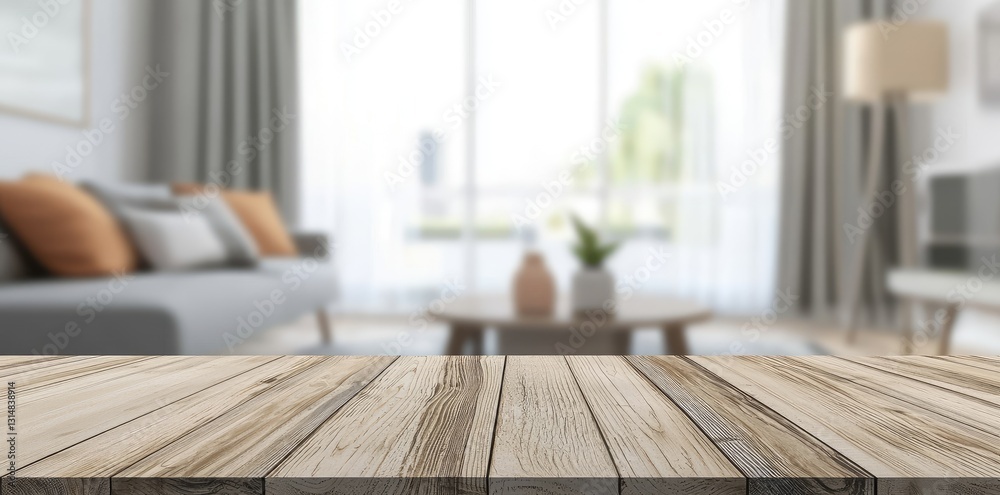 Poster a rustic wooden table with a blurred modern living room in the background, featuring soft lighting a