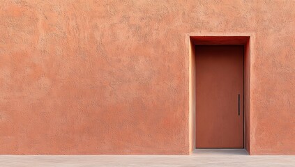 Terracotta door in a clay-colored wall, rich earthy modern vibe.