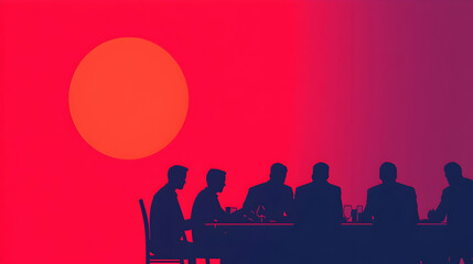 Silhouettes of Business People at Sunset During a Strategic Meeting