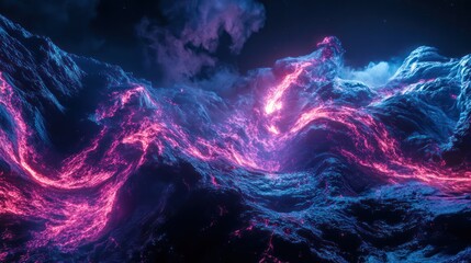 Neon-lit, otherworldly landscape at night