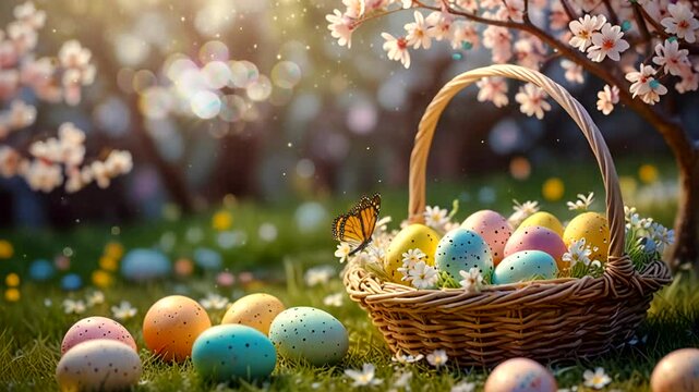 Easter basket with colored eggs, egg hunt, spring flowers,Seamless looping timelapse 4k video animation background