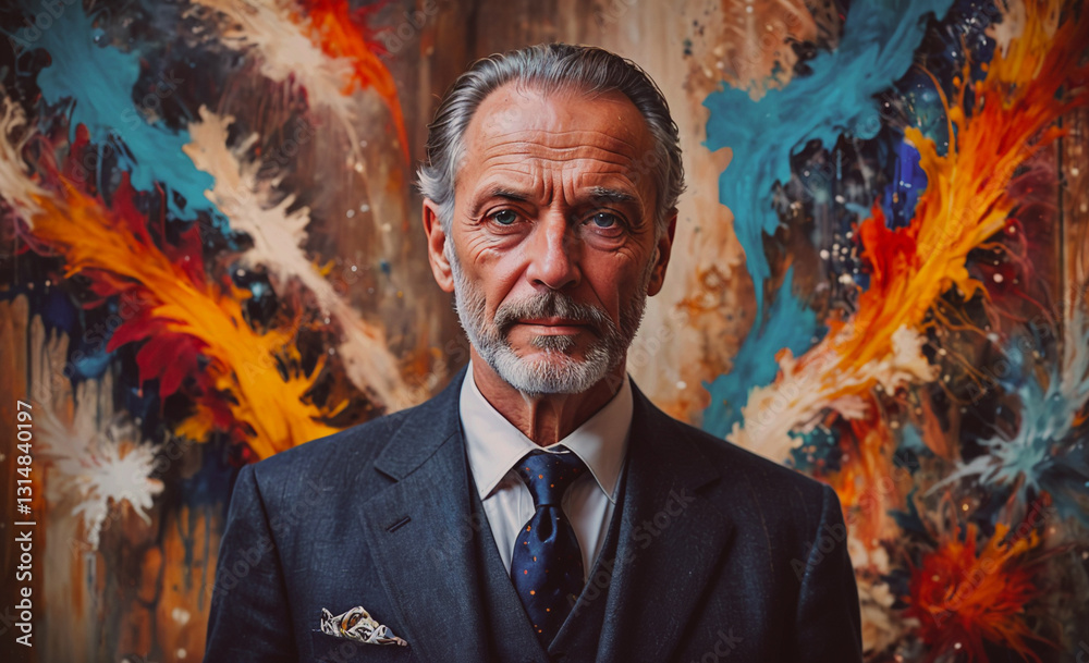 Poster man in a suit and tie stands in front of a colorful painting. the painting is full of bright colors 