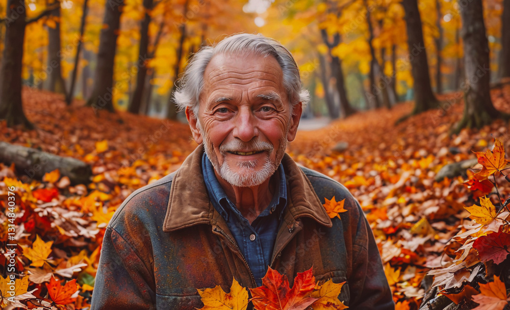 Poster man is sitting in a field of autumn leaves. he is smiling and holding a leaf in his hand. scene is p