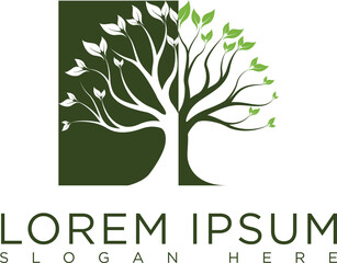 Obraz premium Minimalist dark green tree logo symbolizing growth, sustainability and nature. Modern vector design with clean lines, suitable for eco-friendly businesses, agriculture, conservation organizations.