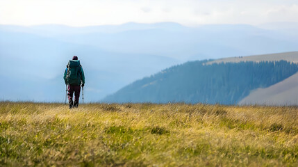Fototapeta premium Woman Hiking on a Mountain Ridge with a Backpack and Trekking Poles Golden Field and Misty Blue Mountains Scenic Landscape Autumn Daytime Adventure