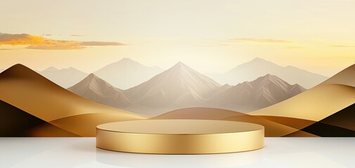 Obraz premium Golden Round Platform Against Majestic Mountain Landscape During Sunset Creative Photography Serene Environment Wide View