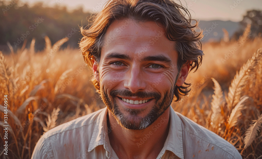 Poster man with a beard and a smile is standing in a field of tall grass. he is wearing a white shirt and h