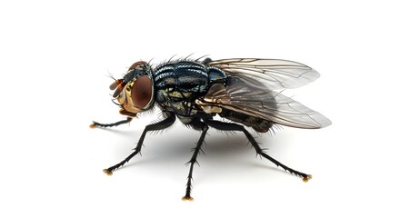 Fototapeta premium Close-Up of a Fly Displaying Detailed Features On White Background