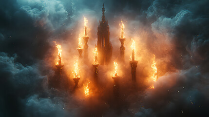 Burning castle amidst stormy clouds; fantasy game art
