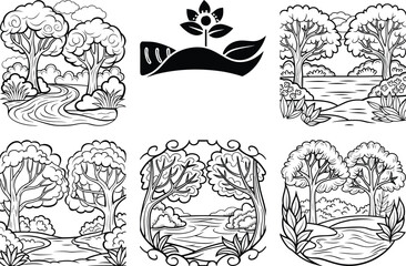 Nature Coloring Pages: Black and White Line Art Illustrations of Forest Landscapes, Trees, Rivers, and Seedling for Kids & Adults