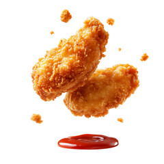 Flying Fried Chicken Nugget with Ketchup Sauce Isolated on Transparent Background