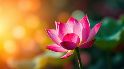 Fototapeta premium Pink Lotus Flower Blooming with Soft Sunlight and Blurred Background